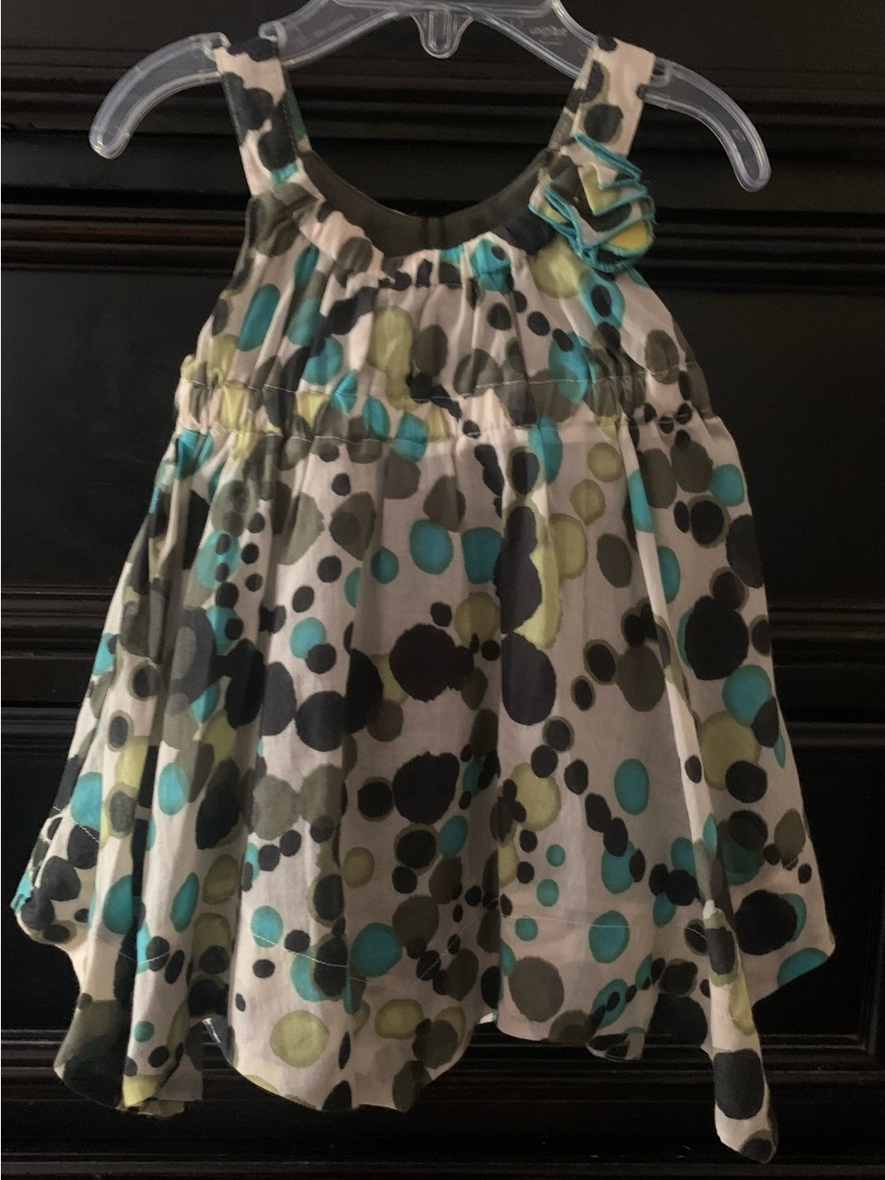 Jean Bourget Cream Dress with Teal, Olive & Black Polka Dots